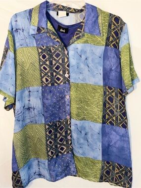 VTG Tapestry abstract, multi-patterned patchwork design button down